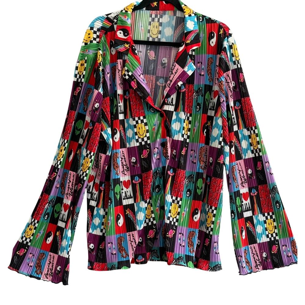 Dressed in Lala Be Yourself Patchwork Plisse Button Up Bell Sleeve Top Womens 3X